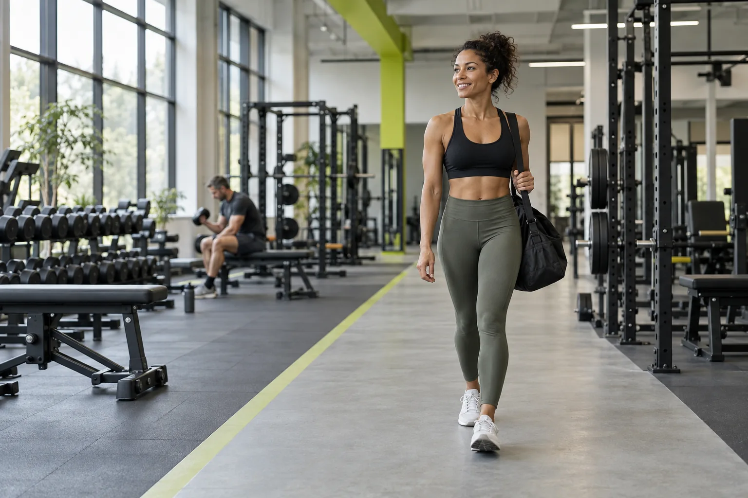 AI-generated brand visual of a bright gym with clear walkways and lime accents.